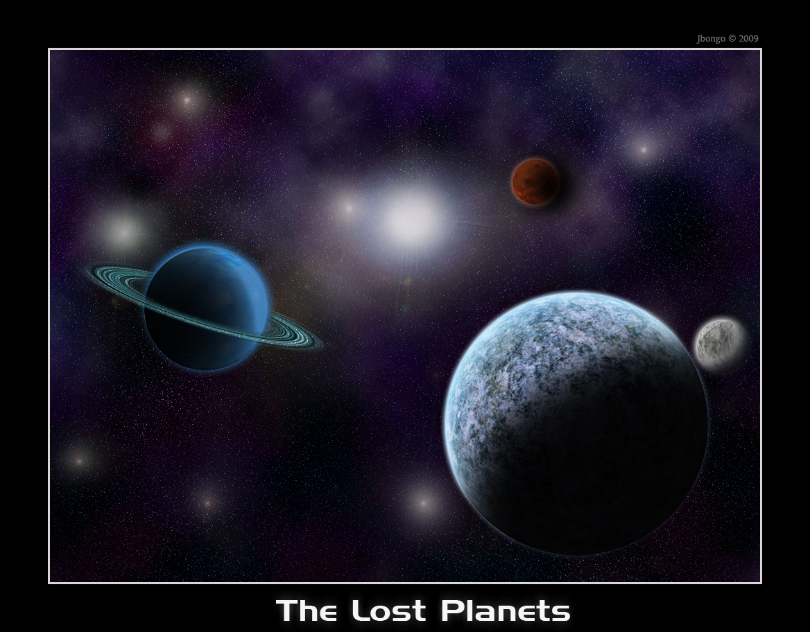 A graphic with fake planets.